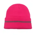 Close-up of bright pink ribbed knit beanie featuring a grey reflective safety stripe detail - One Size / Reflective Knit Hat Rose Red