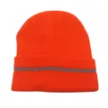 Detail view of bright orange knit beanie featuring a grey reflective safety stripe for outdoors - One Size / Reflective Knit Hat Orange