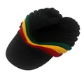 Detail of black knit rasta beanie with visor featuring red yellow green stripes - Striped Patchwork Reggae Visor Style (Pattern 3)