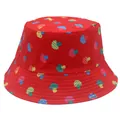 Red reversible bucket hat with colorful cartoon mushroom patterns for outdoor sun protection - M (56-58cm) / Red Mushroom