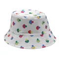 Detailed view of colorful mushroom print and fine quilting on a white cotton bucket hat - M (56-58cm) / White Mushroom