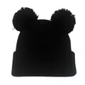 Berretto in maglia nera con doppi pompon e risvolto per il calore invernale - Taglia unica / Nero