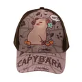 Detail van de Capybara cartoonprint op de roze en bruine honkbalpet voor kinderen - Verstelbaar 48-54cm / Bruin Roze Stiksel (Stijl 18)