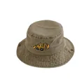 Detail of excavator embroidery and metal eyelet on washed cotton kids bucket hat - 52cm / Khaki