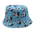 Kids reversible sky blue bucket hat featuring cute cartoon panda prints and white polka dots - 54cm / Sky Blue