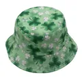 Detailed close-up of St. Patrick's Day bucket hat with green and white clover patterns - All-over Green and White Shamrock Print (Style 2)