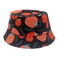 Kids black bucket hat featuring orange pumpkin and blue leaf prints for outdoor sun protection - 54cm / Black