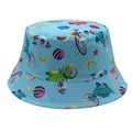 Kids light blue bucket hat featuring cartoon space dinosaurs and rocket prints for sun protection - 54cm / Blue