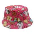 Close-up of cute cartoon rabbit and strawberry prints on rose red kids bucket hat - 54cm / Red