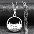 Detail of silver stainless steel necklace with laser cut horse and forest pendant - Running Horse Forest Style / Silver