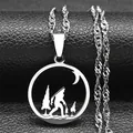 Detailed view of silver Bigfoot pendant with moon and forest silhouette on rope chain - Sasquatch Forest Style / Silver