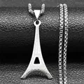 Detalle del colgante Torre Eiffel de acero sobre cadena de caja en textura de cuero - 60CM / Plateado