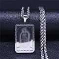 Detail of silver rectangle pendant with heart cutout edges and religious figure on rope chain - Virgin Mary (7412GD) / Silver Style A