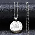 Silver Leo zodiac stainless steel necklace with round engraved lion pendant for unisex - Silver Leo