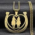 Golden horseshoe heart pendant necklace with cowboy silhouette and engraved lyrics - 60CM / Gold