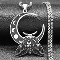 Collier gothique croissant de lune et phalène en acier inoxydable avec motif de crâne - 50cm / Argent