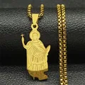 Macro shot of gold saint pendant with cross and shield on black leather stand - 60CM / Gold
