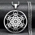 Macro detail of silver Metatron cube pendant with thick box chain on black leather - Silver