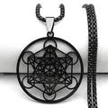 Detailed close-up of a black Metatron's Cube pendant with complex geometric hollow patterns - Black