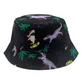 Kids black bucket hat with cartoon dinosaur and shark prints for outdoor sun protection - 54cm / Black