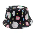 Kids black bucket hat with cartoon bear and graffiti patterns for outdoor sun protection - 54cm / Black