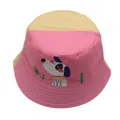 Detail van roze en gele kleurblokken vissershoed voor kinderen met cartoon hondopdruk - Roze Geel Patchwork Hond (BQ-B2179)