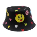 Kids black reversible bucket hat with colorful graffiti smileys and hearts prints - 54cm / Black
