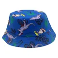 Close-up of blue kids bucket hat featuring cartoon dinosaur and shark prints - 54cm / Blue