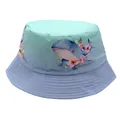 Nahaufnahme des Farbverlauf-Fischerhutes für Kinder mit Wal- und Blumenmuster - 54cm / Blau-Lila Verlauf Wal