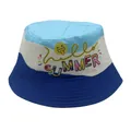 Dettaglio cappello alla pescatora per bambini tricolore con stampa estiva - Stile 6-Blu Bianco Blu Scuro Stampa Hello Summer