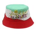 Dettaglio del cappello da pescatore per bambini multicolore con stampa Hello Summer - Stile 8-Rosso Bianco Verde Stampa Hello Summer