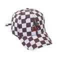 Close-up of racing checkered embroidery on brown canvas baseball cap with curved brim - Adjustable (48-54cm) / Coffee