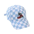 Close-up of racing car embroidery on light blue checkered kids baseball cap - Adjustable (48-54cm) / Blue