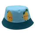 Dettaglio del cappello pescatore per bambini bicolore con stampe di pere e tesa cucita - Stile 12-Cucitura Blu Chiaro Blu Scuro Verde Pera Cartone Animato