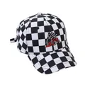 Racing themed baseball cap featuring black and white checkerboard pattern with embroidery - Adjustable (48-54cm) / Black