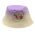 Dettaglio della stampa con orso e volpe su cappello a secchiello bimbo viola e crema - Stile 14-Sfumato Viola Bianco Stampa Orso Volpe