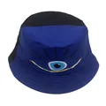 Detail eines blau-schwarzen Anglerhutes mit auffälligem Evil-Eye-Aufdruck für Kinder - Blau Schwarz Patchwork Böser Blick (BQ-B2179)