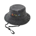 Cappello a secchiello per bambini in cotone lavato grigio con ricamo di escavatore e laccio - 54cm / Nero