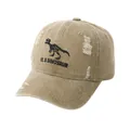 Detail showing vintage washed cotton fabric with dinosaur embroidery and distressed holes - Adjustable / Khaki