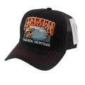 Close-up of eagle embroidery and breathable mesh texture on a vintage trucker hat - Adjustable / Black