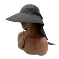 Dark grey wide brim outdoor sun hat with neck flap and breathable mesh for fishing and hiking - M (56-58cm) / Coffee