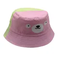 Kinder Fischerhut in Rosa und Hellgrün mit niedlichem Comic-Bären-Aufdruck - Pink Hellgrün Patchwork Bärengesicht (BQ-B2179)