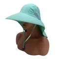 Detail of mint green sun hat with wide brim, neck flap and breathable mesh panel - M (56-58cm) / Green