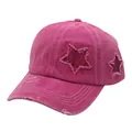 Detail of pink washed cotton baseball cap featuring glitter star patch and white stitching - One Size(Adjustable) / Washed Rose Red