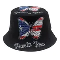 Detail of Puerto Rico flag butterfly print on a black cotton bucket hat for sun protection - Puerto Rico Butterfly Print Style (Model 1)