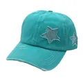 Detail of distressed ponytail baseball cap with glitter star patch and frayed edge - One Size(Adjustable) / Washed Green