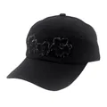 Vintage-Baseballkappe aus gewaschenem schwarzem Denim mit drei Used-Look-Stoffblumen - Verstellbar / Schwarz