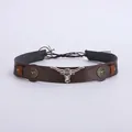 Vintage western cowboy hat band with central silver bull head and faux leather strap - Silver Bull Head Dark Brown Leather Style (Style 1)
