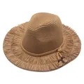 Retro khaki wide brim straw sun hat with fringe tassels and beaded hemp rope accents - M (56-58cm) / Khaki