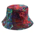 Detail of colorful abstract graffiti bucket hat with multi-row stitched brim and vibrant print - Psychedelic Polka Dot Geometric Style (Model 5)